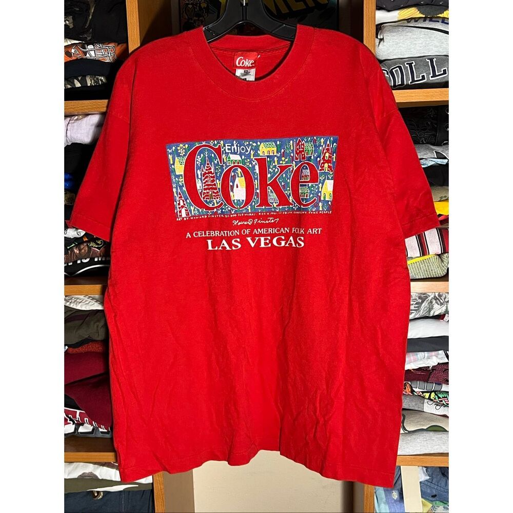 Vintage 90s Coca Cola Las Vegas Howard Finster Folk Art Tee XL